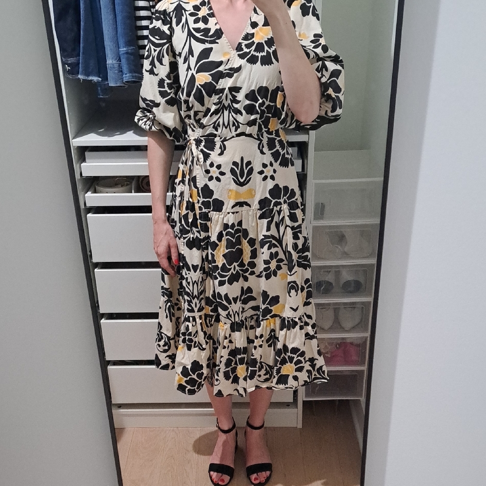 Floral Wrap Dress in Black and Yellow